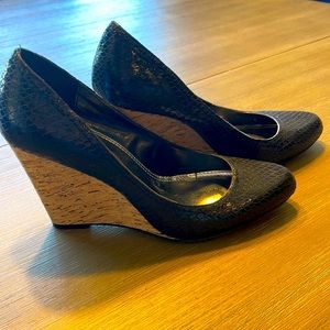 Black snake print cork wedge new in box, size 9.5